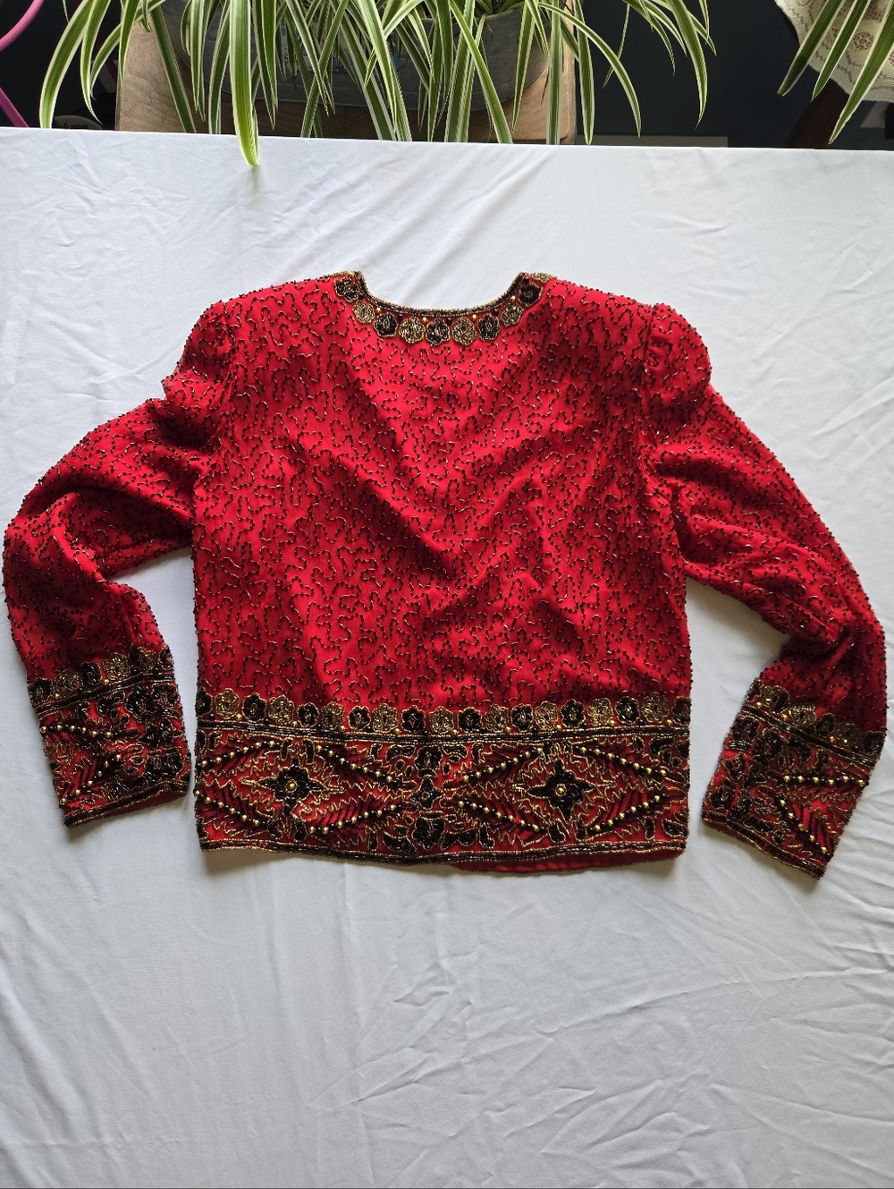 Laurence Kazar Vintage Silk Sequin Beaded Bolero Jacket Red Gold Holiday - Picture 8 of 12